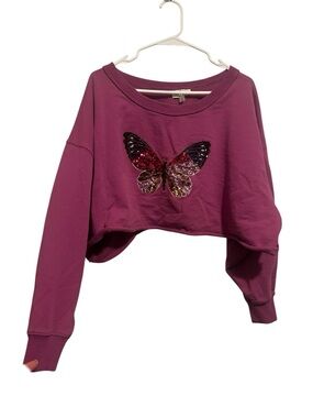 Sequin Butterfly Plum Crewneck Crop Sweater